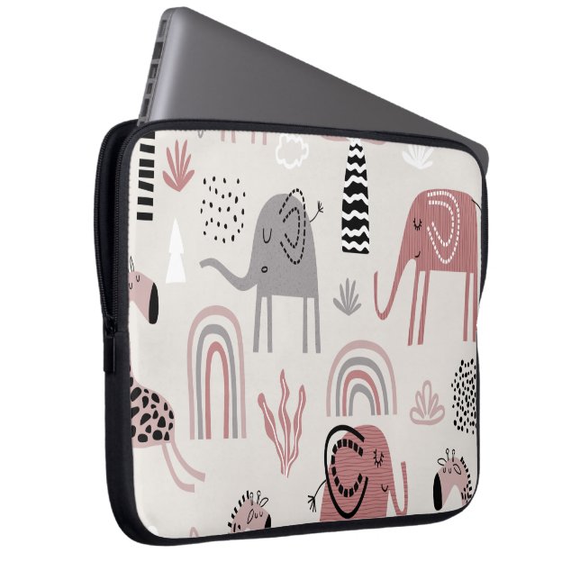 patroon met schattige olifanten en reuzengiraffes laptop sleeve (Voorkant Rechts)
