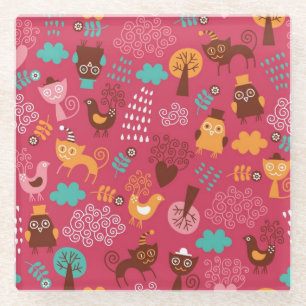 Patroon met schattige vogels en katten glazen onderzetter