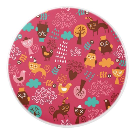 Patroon met schattige vogels en katten keramische knop (Voorkant)