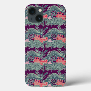 Patroon met vis en paarse golf iPhone 13 hoesje