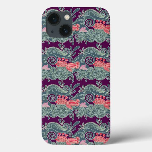 Patroon met vis en paarse golf Case-Mate iPhone case (Achterkant)
