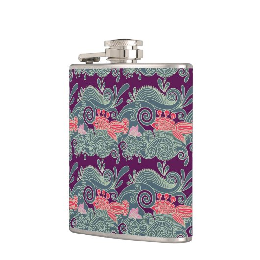 Patroon met vis en Paarse golven Heupfles (Links)