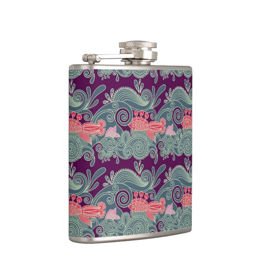 Patroon met vis en Paarse golven Heupfles (Rechts)