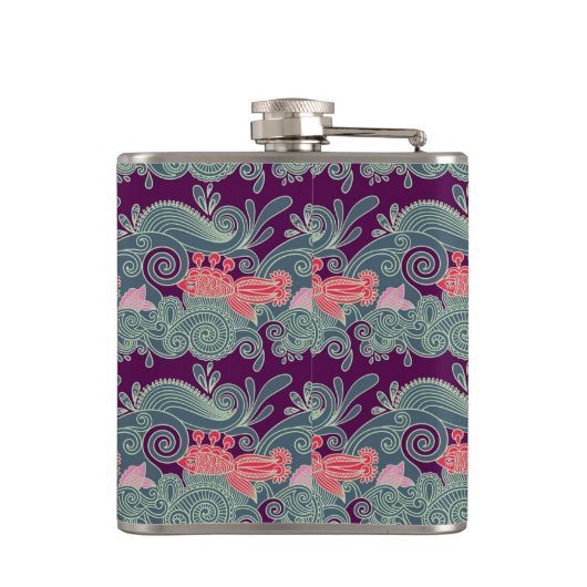 Patroon met vis en Paarse golven Heupfles (Achterkant)