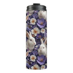 Patroon met witte konijnen en paarse bloemen thermosbeker