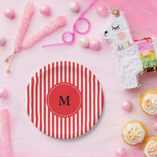 Patroon Monogram rode en witte strepen Papieren Bordje (Feest)