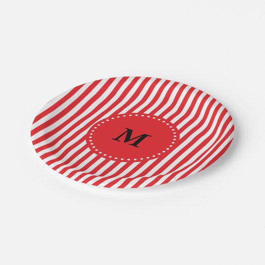 Patroon Monogram rode en witte strepen Papieren Bordje (Gekanteld)