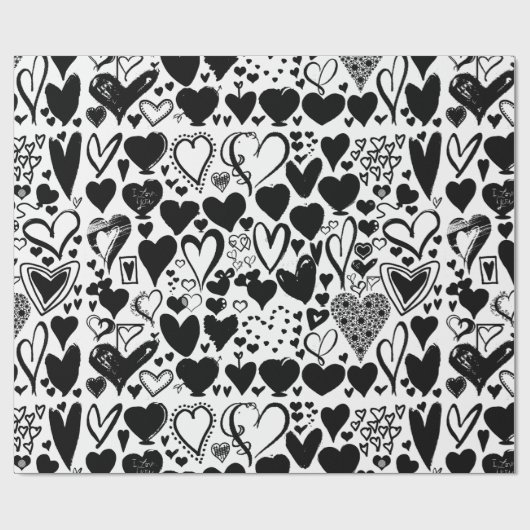 Patroon op het hart, zwart hart, zwart en wit cadeaupapier (Vlak)