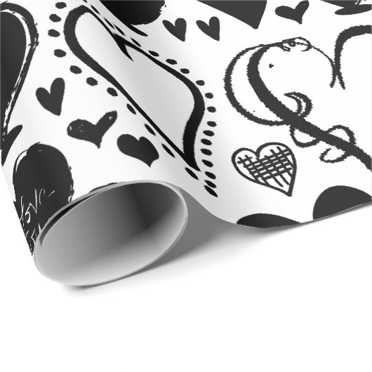 Patroon op het hart, zwart hart, zwart en wit cadeaupapier (Rol Hoek)