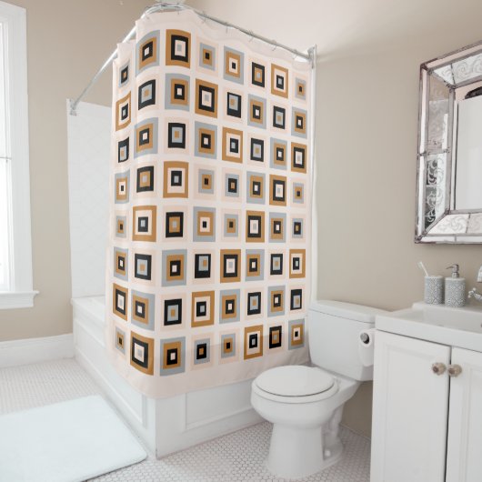 Patroon op het plein voor zwart en terracotta midd douchegordijn (In situ)