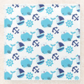 Patroon op walvissen, walvissen, blauwe walvissen glazen onderzetter (Voorkant)