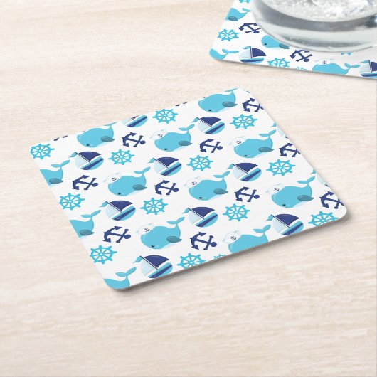Patroon op walvissen, walvissen, blauwe walvissen kartonnen onderzetters (Schuin)