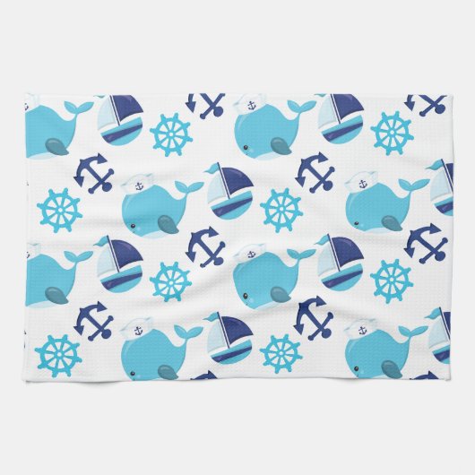 Patroon op walvissen, walvissen, blauwe walvissen theedoek (Horizontaal)