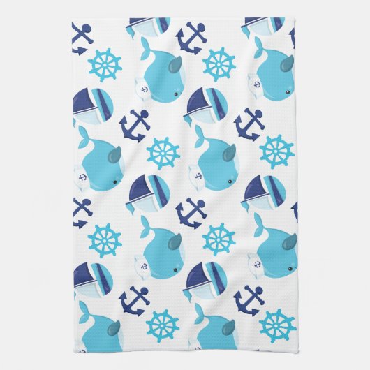 Patroon op walvissen, walvissen, blauwe walvissen theedoek (Verticaal)