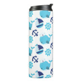 Patroon op walvissen, walvissen, blauwe walvissen thermosbeker (Gedraaid links)