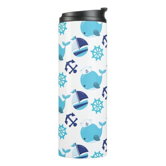 Patroon op walvissen, walvissen, blauwe walvissen thermosbeker (Gedraaid links)