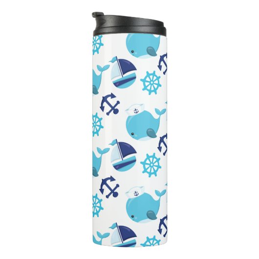 Patroon op walvissen, walvissen, blauwe walvissen thermosbeker (Geroteerd rechts)