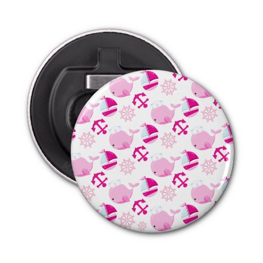 Patroon op walvissen, walvissen, roze walvissen button flesopener (Voorkant)