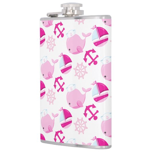 Patroon op walvissen, walvissen, roze walvissen heupfles (Links)