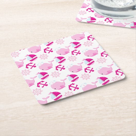 Patroon op walvissen, walvissen, roze walvissen kartonnen onderzetters (Schuin)