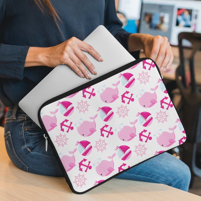 Patroon op walvissen, walvissen, roze walvissen laptop sleeve (Creator heeft geüpload)