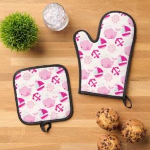 Patroon op walvissen, walvissen, roze walvissen ovenwant & pannenlap set
