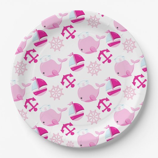 Patroon op walvissen, walvissen, roze walvissen papieren bordje (Voorkant)