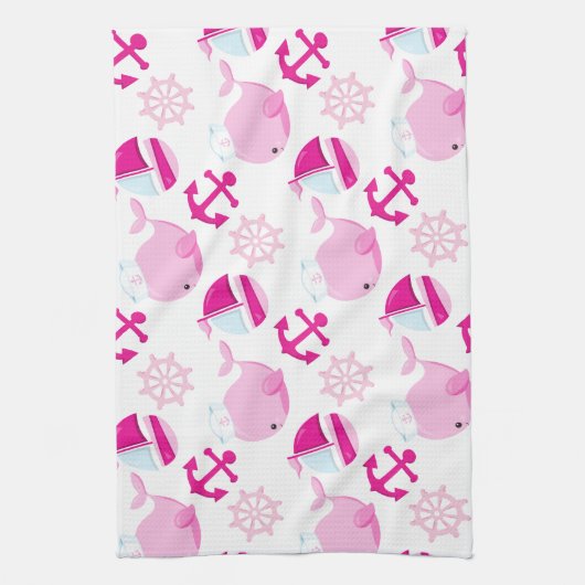 Patroon op walvissen, walvissen, roze walvissen theedoek (Verticaal)