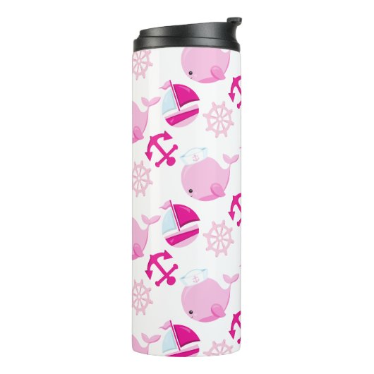 Patroon op walvissen, walvissen, roze walvissen thermosbeker (Gedraaid links)
