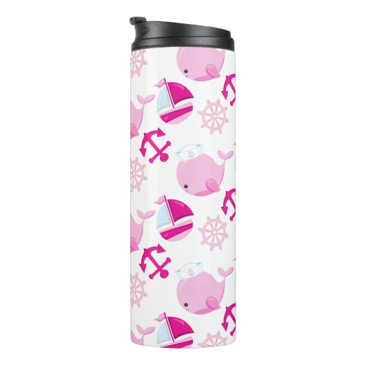Patroon op walvissen, walvissen, roze walvissen thermosbeker (Geroteerd rechts)