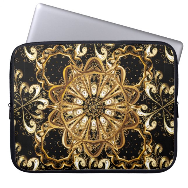 patroon op zwarte achtergrond met gouden el laptop sleeve (Voorkant)