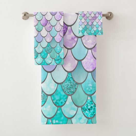 PATROON, PINK EN BLAUWGROEN MET GIRLS MERMAID SCAL BAD HANDDOEK (Insitu)