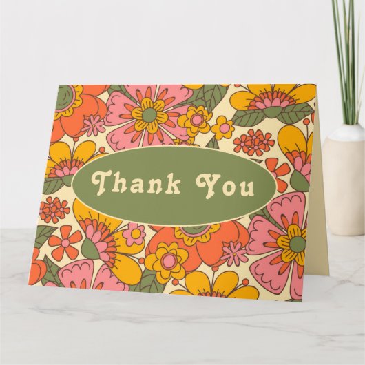 Patroon  Retro Bloemen Boho 70s Huwelijk Bedankkaart (Voorkant)