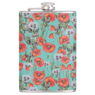 Patroon rode en Aqua-papavers  Heupfles