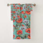 Patroon rode en Aqua Poppies Bad Handdoek (Insitu)