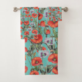 Patroon rode en Aqua Poppies Bad Handdoek