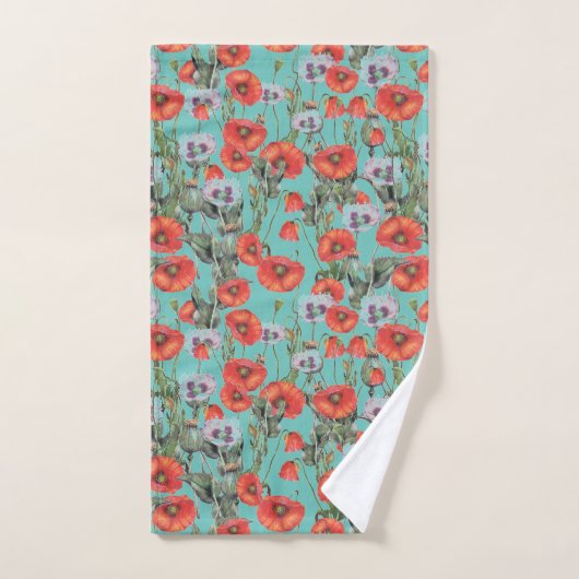 Patroon rode en Aqua Poppies Bad Handdoek (Handdoek)
