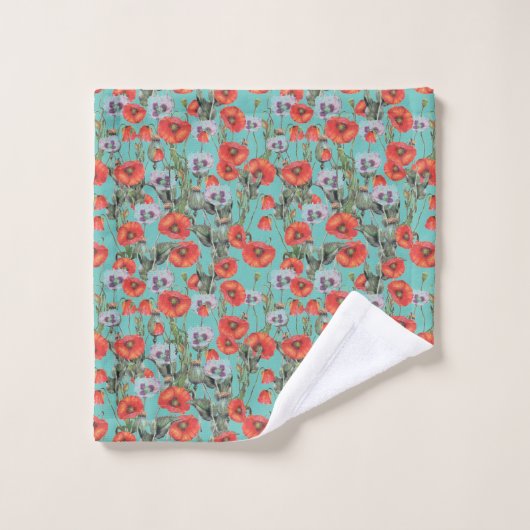 Patroon rode en Aqua Poppies Bad Handdoek (Wasdoekje)