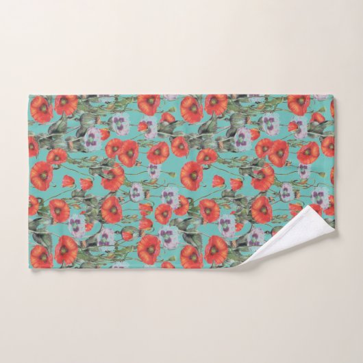 Patroon rode en Aqua Poppies Bad Handdoek (Handdoek)