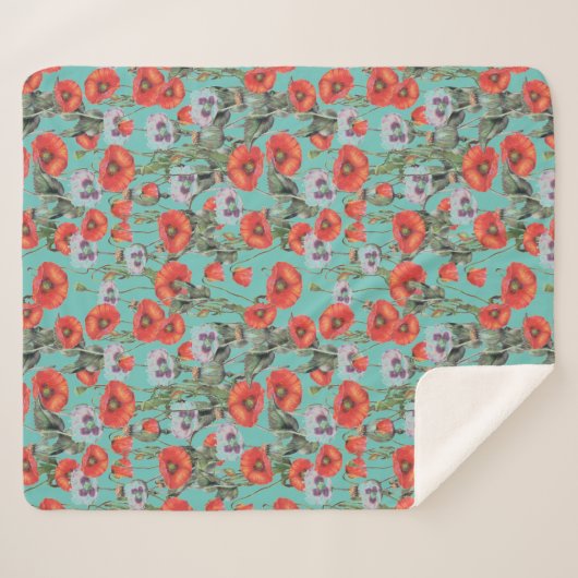 Patroon rode en Aqua Poppies Sherpa Deken (Voorkant (horizontaal))