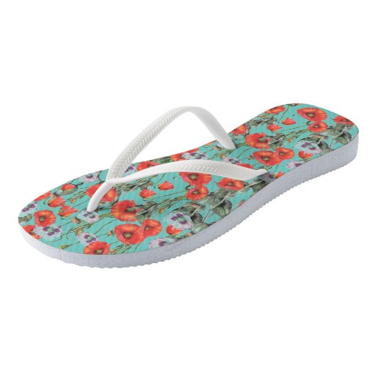 Patroon rode en Aqua Poppies Teenslippers (Schuin)