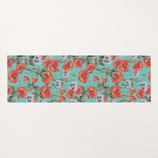 Patroon rode en Aqua Poppies Yogamat (Achterkant (horizontaal))