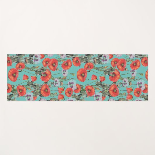 Patroon rode en Aqua Poppies Yogamat (Voorkant (horizontaal))