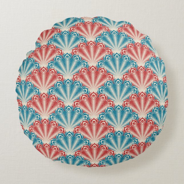 Patroon rode en blauwe pacock rond kussen (Voorkant)