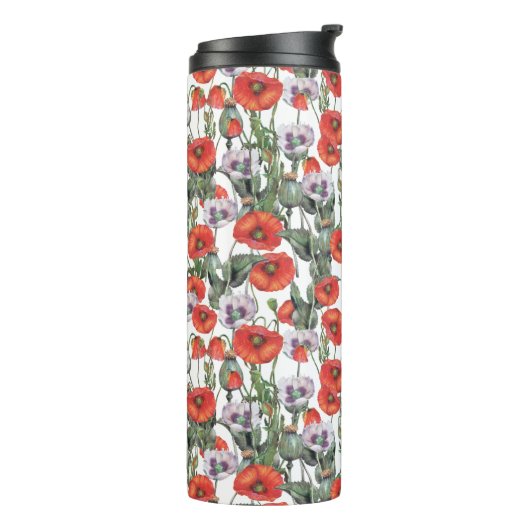 Patroon rode en Paarse papavers Thermosbeker (Gedraaid links)