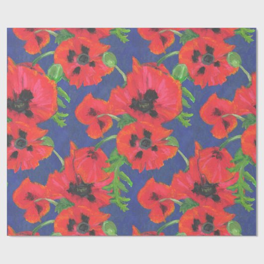 Patroon rode en zwarte oosterse papaver op blauw cadeaupapier (Vlak)