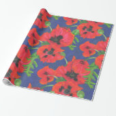 Patroon rode en zwarte oosterse papaver op blauw cadeaupapier (Uitgerold)