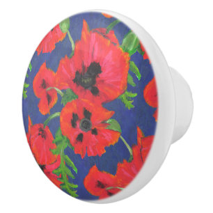 Patroon rode en zwarte oosterse papaver op blauw keramische knop