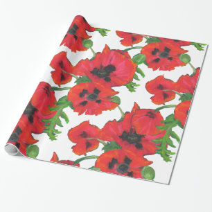 Patroon rode en zwarte oosterse papavers op wit cadeaupapier