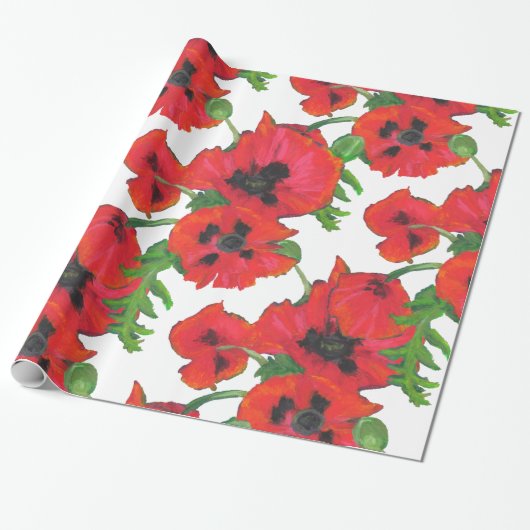Patroon rode en zwarte oosterse papavers op wit cadeaupapier (Uitgerold)